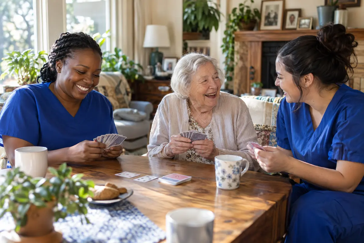 Illustration of caregivers playing cards with an older adult in a residential living room