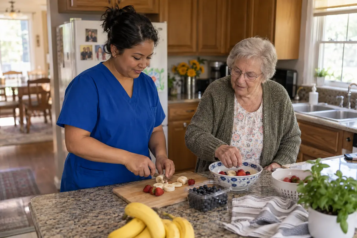 Illustration of a caregiver preparing fruit with an older adult in a home kitchen