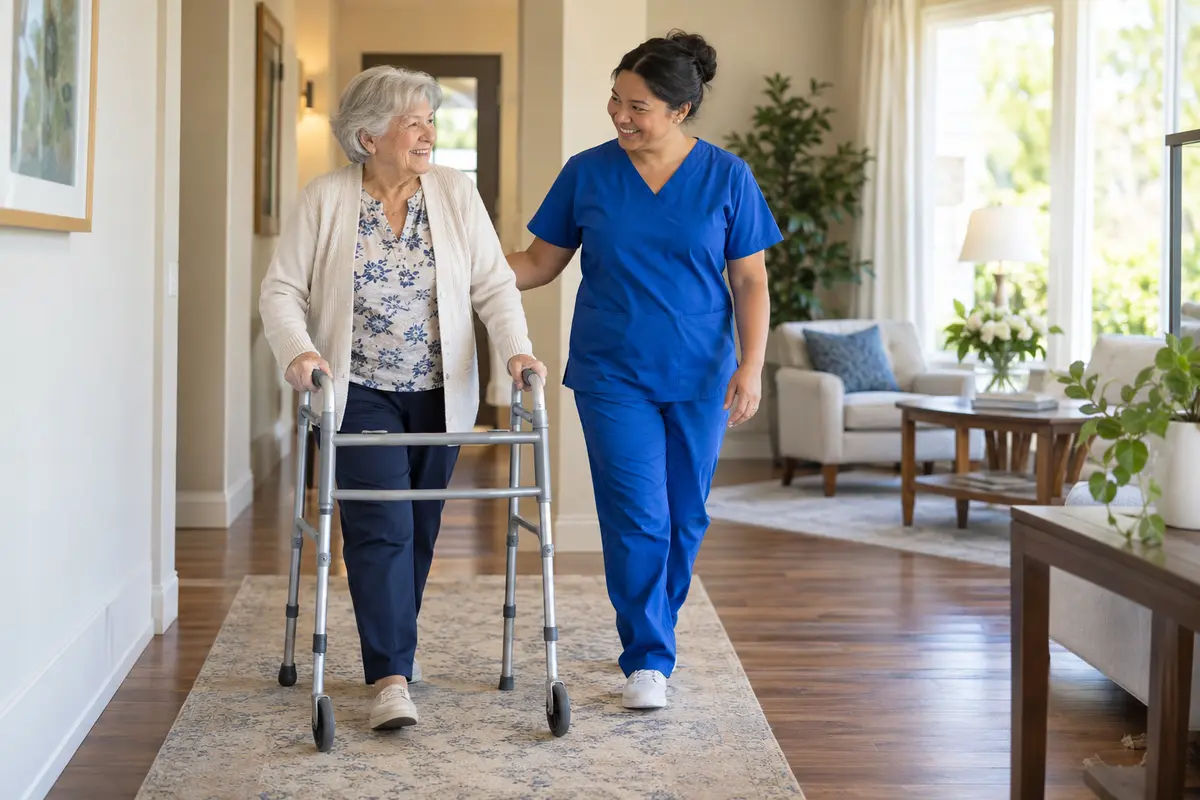 Illustration of a caregiver supporting an older adult using a walker inside a home